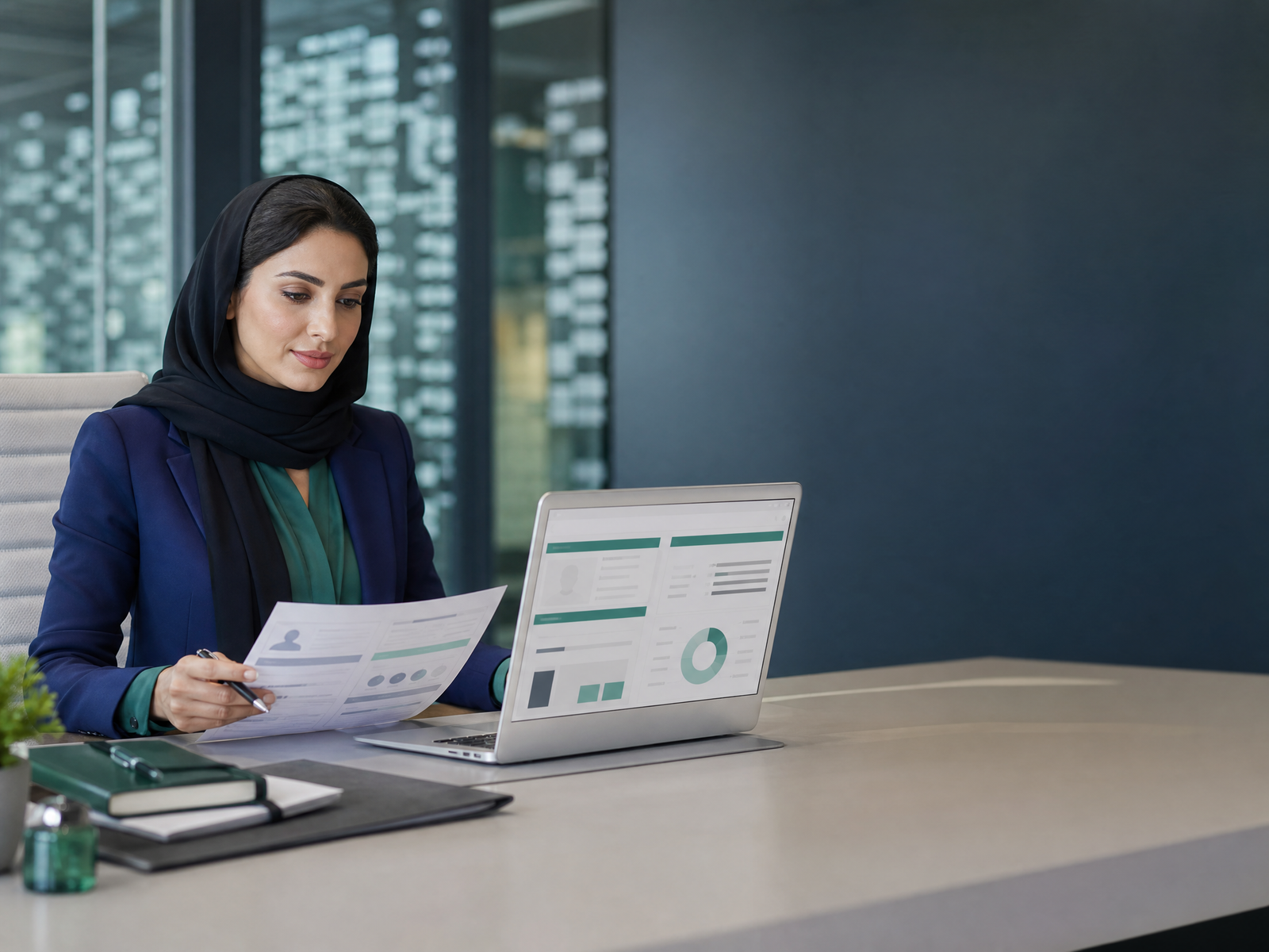 HR professional reviewing employee documentation and payroll support